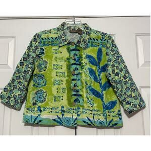 Jane Ashley Abstract Print Sequined 100% Cotton Jacket,  Blue and Green, Size XL